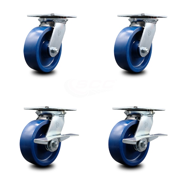 6 Inch Solid Poly Swivel Caster Set with Ball Bearings 2 Brakes